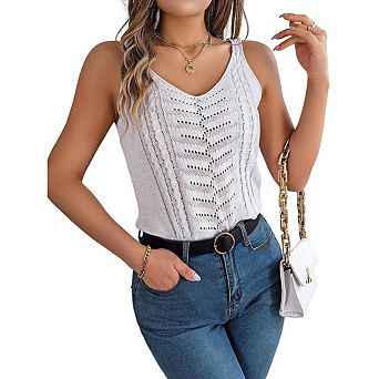 Womens Summer Tank Tops V Neck Sleeveless Hollow Out Knitted Blouse Camisoles