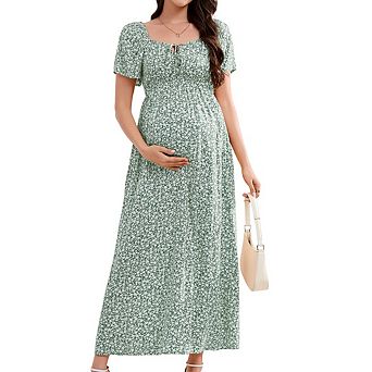 Maternity Square Neck Puff Short Sleeve Dress Pregnancy Summer Floral Maxi Casual Clothes