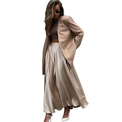 Womens Satin High Waist Elastic Elegant Long Trendy A-Line Midi Skirts
