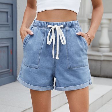 Womens Stretchy Denim Shorts Summer Casual Drawstring Elastic Waist Jean Shorts with Pockets