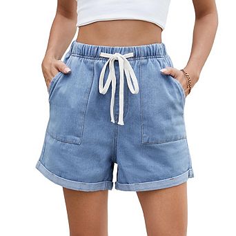 Womens Stretchy Denim Shorts Summer Casual Drawstring Elastic Waist Jean Shorts with Pockets