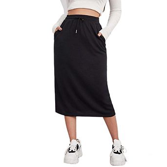 Womens Drawstring Maxi Skirt with Pockets Elastic High Waist A Line Long Split Design Loose Skirts