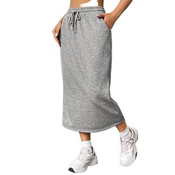 Womens Drawstring Maxi Skirt with Pockets Elastic High Waist A Line Long Split Design Loose Skirts