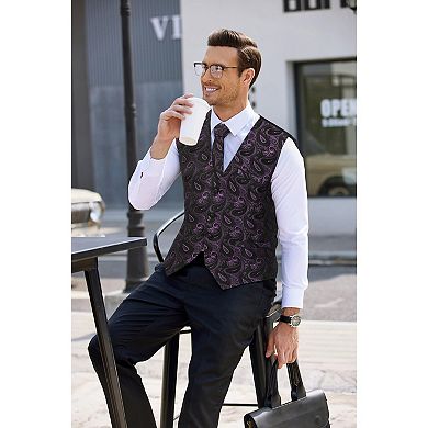 COOFANDY 3PCS Mens Suit Vests Tie Set Single Breasted V-Neck Tuxedo Waistcoat with Pockets