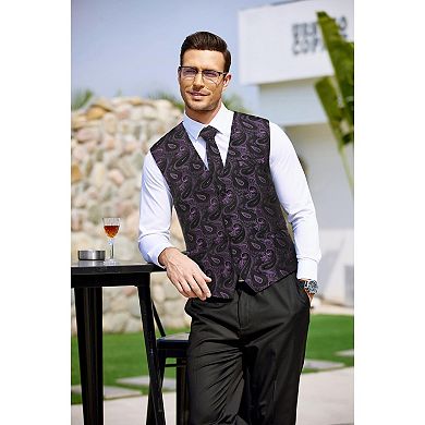 COOFANDY 3PCS Mens Suit Vests Tie Set Single Breasted V-Neck Tuxedo Waistcoat with Pockets