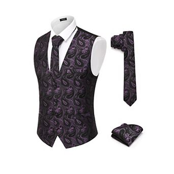 COOFANDY 3 pc Mens Suit Vests Tie Set Single Breasted V-Neck Tuxedo Waistcoat with Pockets