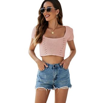 Women Short Sleeve Ruched Tops Square Neck Blouses Going Out Knit Basic Tees