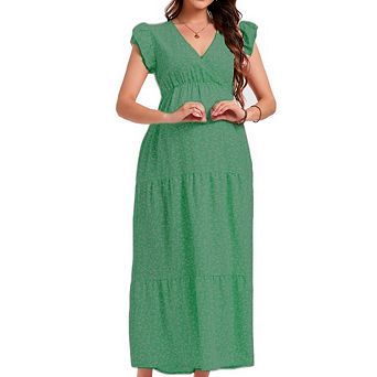 Floral Print V Neck Maternity Dress Summer Bohemian Collar Small Flying Sleeve Maxi Dress with Belt