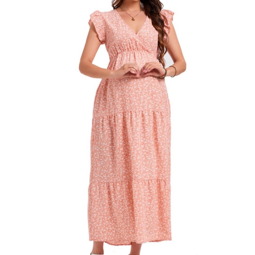 Женские платья Floral Print V Neck Maternity Dress Summer Bohemian Collar Small Flying Sleeve Maxi Dress with Belt