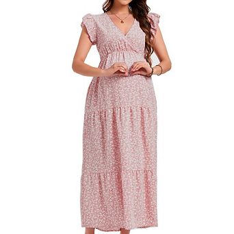 Floral Print V Neck Maternity Dress Summer Bohemian Collar Small Flying Sleeve Maxi Dress with Belt