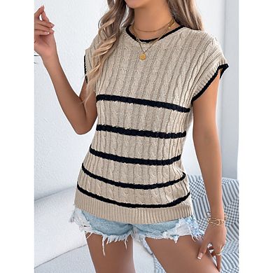 Womens Short Sleeve Round Neck Striped Pullover Cap Sleeve Knit Sweater Vest Tops