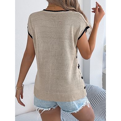 Womens Short Sleeve Round Neck Striped Pullover Cap Sleeve Knit Sweater Vest Tops