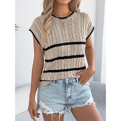 Womens Short Sleeve Round Neck Striped Pullover Cap Sleeve Knit Sweater Vest Tops