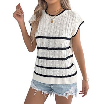 Womens Short Sleeve Round Neck Striped Pullover Cap Sleeve Knit Sweater Vest Tops