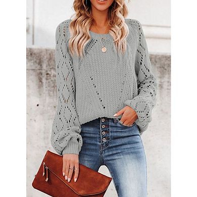 Womens Pullover Sweaters Crewneck Long Sleeve Hollow Out Crochet Tops