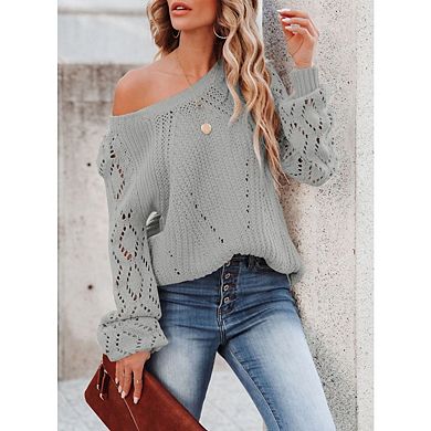 Womens Pullover Sweaters Crewneck Long Sleeve Hollow Out Crochet Tops