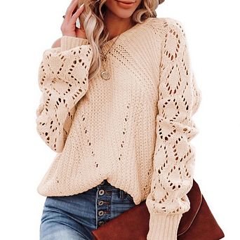 Womens Pullover Sweaters Crewneck Long Sleeve Hollow Out Crochet Tops