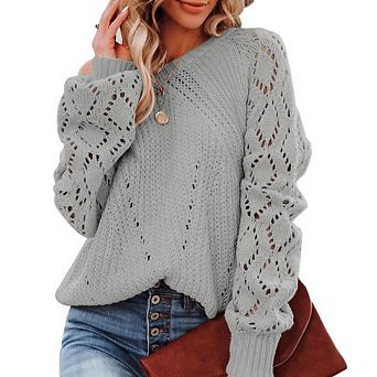 Womens Pullover Sweaters Crewneck Long Sleeve Hollow Out Crochet Tops