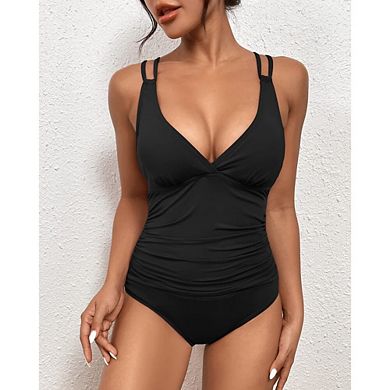 Womens Two Pieces Ruched Tankini Swimsuits V Neck Wrap Tie Back Bathing Suit Tummy Control Swimwear