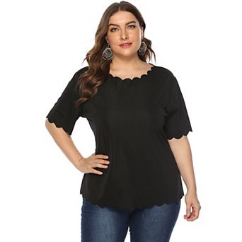Women's Plus Size Short Sleeve Tops Wavy Collar Casual Loose Fit Solid Color Shirts Summer Blouses