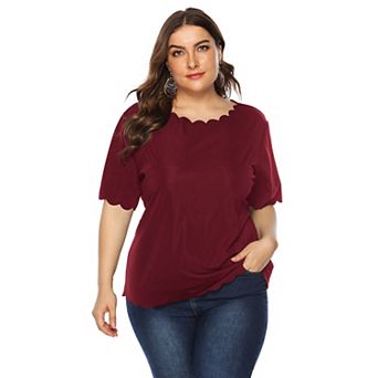 Women's Plus Size Short Sleeve Tops Wavy Collar Casual Loose Fit Solid Color Shirts Summer Blouses