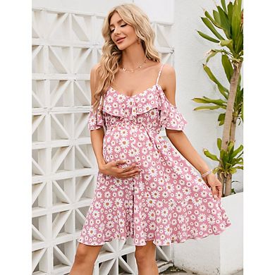 Women's Maternity Boho Floral Print Cold Shoulder Short Sleeve Ruffle Elegant Mini Dresses