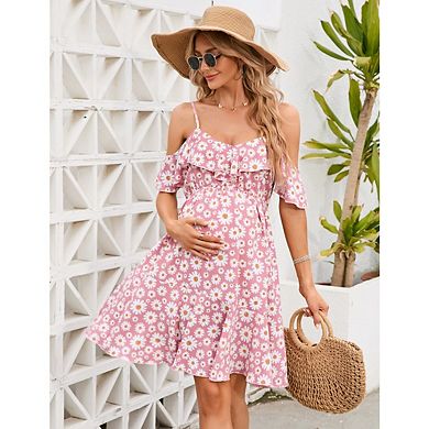 Women's Maternity Boho Floral Print Cold Shoulder Short Sleeve Ruffle Elegant Mini Dresses
