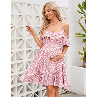Women's Maternity Boho Floral Print Cold Shoulder Short Sleeve Ruffle Elegant Mini Dresses