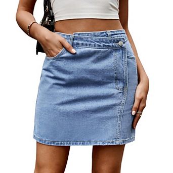 Women's Denim Irregular Waist Mini Skirt High Waisted Jean Casual Stretchy Skirts with Pockets