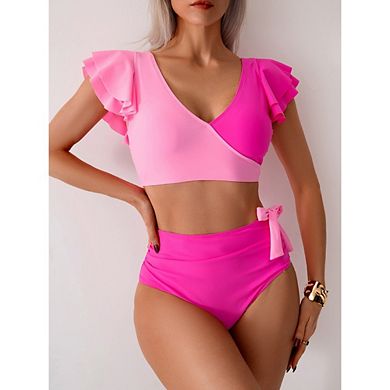 Womens Two Piece Bikini Set Ruffle V Neck High Waiste Tummy Control Swimsuit for Beach Pool Vacation
