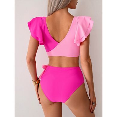 Womens Two Piece Bikini Set Ruffle V Neck High Waiste Tummy Control Swimsuit for Beach Pool Vacation