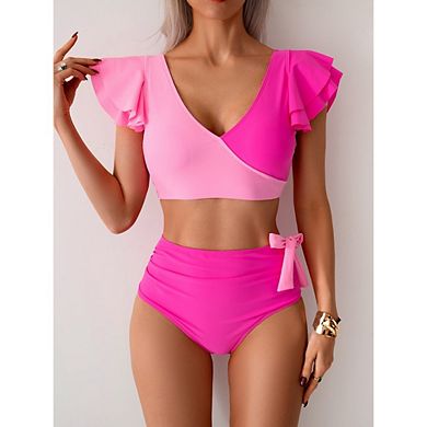 Womens Two Piece Bikini Set Ruffle V Neck High Waiste Tummy Control Swimsuit for Beach Pool Vacation