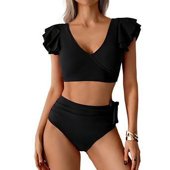 Womens Two Piece Bikini Set Ruffle V Neck High Waiste Tummy Control Swimsuit for Beach Pool Vacation