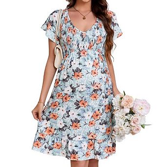 Summer Floral Boho Maternity Dress Short Sleeve V Neck Ruffle Hem Midi Dresses