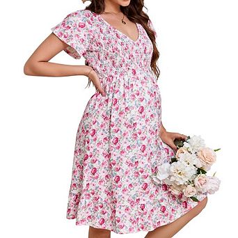 Summer Floral Boho Maternity Dress Short Sleeve V Neck Ruffle Hem Midi Dresses