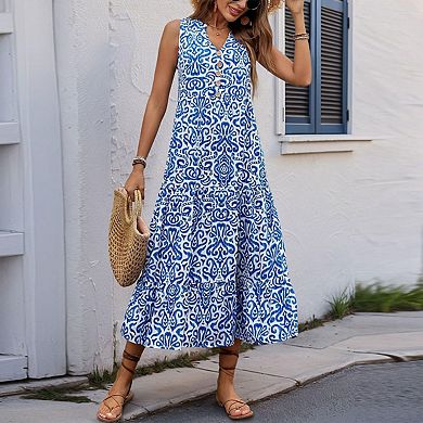 Bohemian Vacation Dress for Women Trendy Boho Sleeveless with Button Down Front Dress