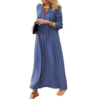 Womens Long Sleeve V Neck Maxi Dress Loose Flowy Casual Soft Lightweight Summer Maxi Dress Travel