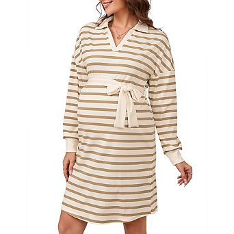 Women's Polo V Neck Drop Shoulder Long Sleeve Striped Dress Casual Loose Maternity Dresses