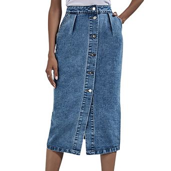 Jean Skirt for Women Denim Skirt High Waist Stretch Button Midi Denim Skirts with Pockets