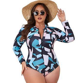 Women's Plus Size One-Piece Long-Sleeved Zipper Printed Swimsuit Racing Swimwear Beachwear