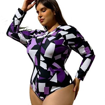Women's Plus Size One-Piece Long-Sleeved Zipper Printed Swimsuit Racing Swimwear Beachwear
