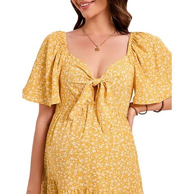 Maternity Dresses Summer Deep V Neck Elegant Bow tie Ruffled Hem Midi Dress