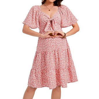 Maternity Dresses Summer Deep V Neck Elegant Bow tie Ruffled Hem Midi Dress