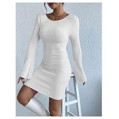 Womens Fall Flared Long Sleeve Knit Dress Back Cut Out Bodycon Mini Dress