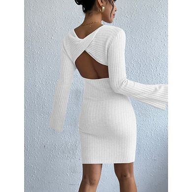 Womens Fall Flared Long Sleeve Knit Dress Back Cut Out Bodycon Mini Dress