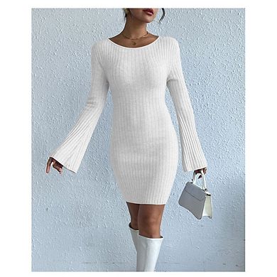 Womens Fall Flared Long Sleeve Knit Dress Back Cut Out Bodycon Mini Dress