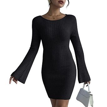 Womens Fall Flared Long Sleeve Knit Dress Back Cut Out Bodycon Mini Dress