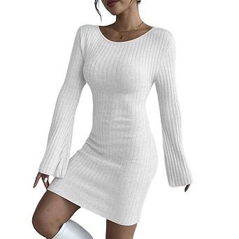 Womens Fall Flared Long Sleeve Knit Dress Back Cut Out Bodycon Mini Dress