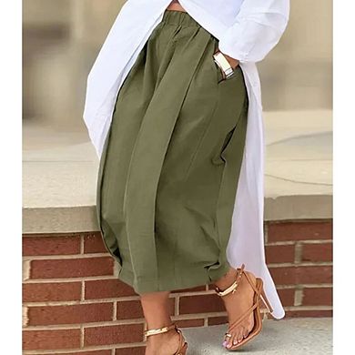 Womens Elastic Waisted Wide Leg Pants Seven-Point Trousers with Pockets Palazzo Pants for Work