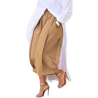 Womens Elastic Waisted Wide Leg Pants Seven-Point Trousers with Pockets Palazzo Pants for Work